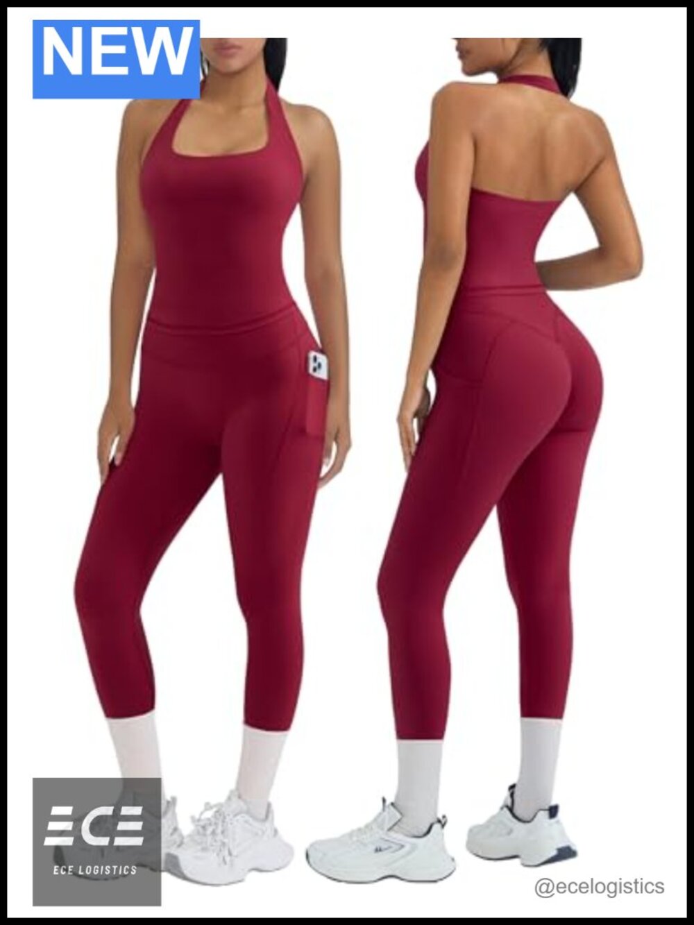 Halter Sports Bra and Leggings Set with Pockets Nylon Spandex Gym Outfit